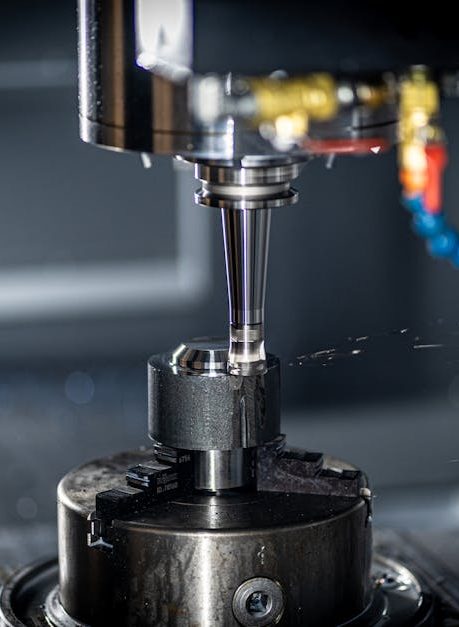 Close-up of CNC machine in action, showcasing precision engineering and industrial equipment.